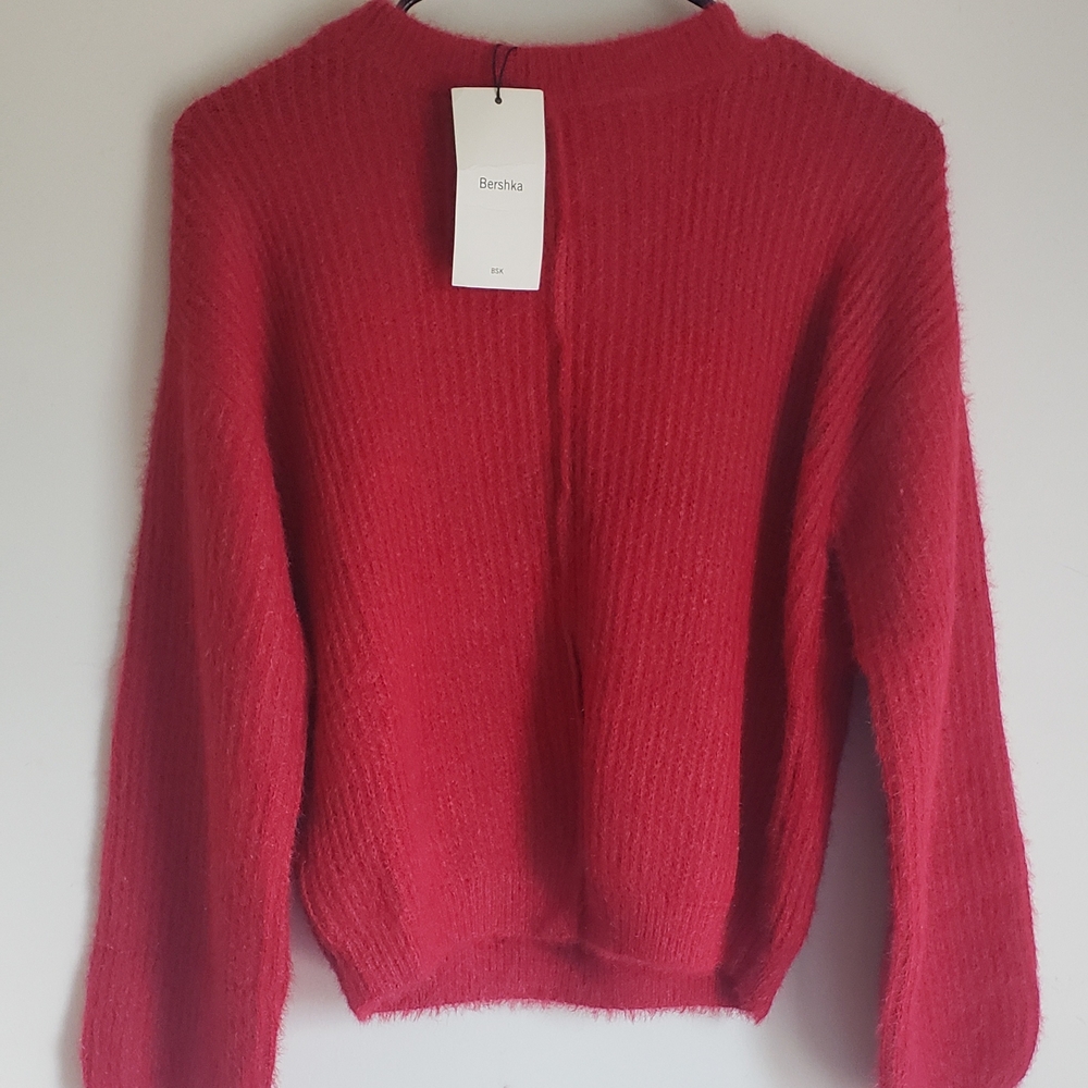 Bershka Red Crew Neck Sweater with Ribbed Knit